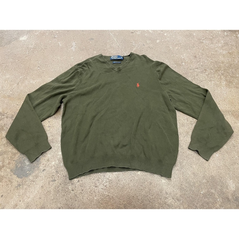 Polo Ralph Lauren‎ Sweater Mens Large Green Pima Cotton V-Neck Pullover Red Pony